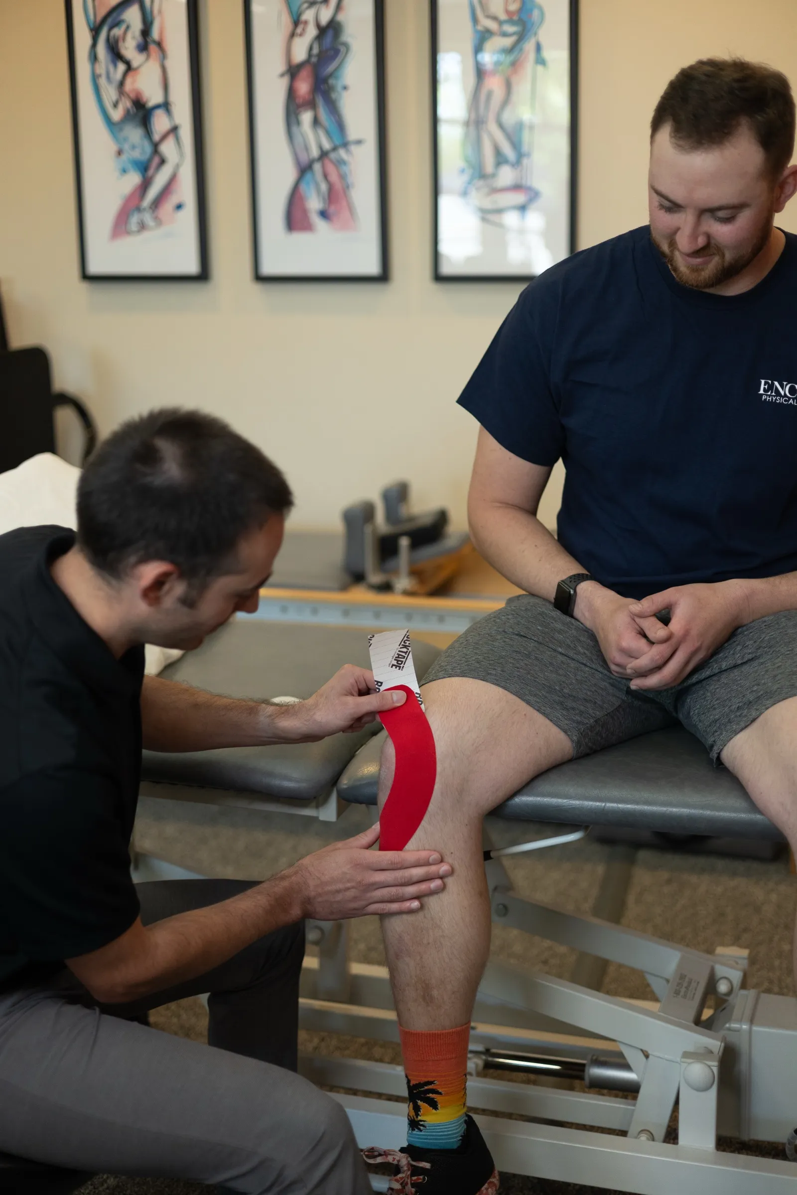 Kinesiology tape applied to a knee